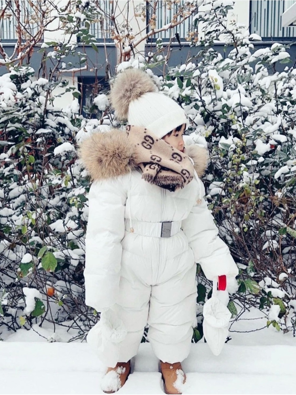 White Puffer Kids One-Piece Footie Snowsuit with Faux Fur Trim
